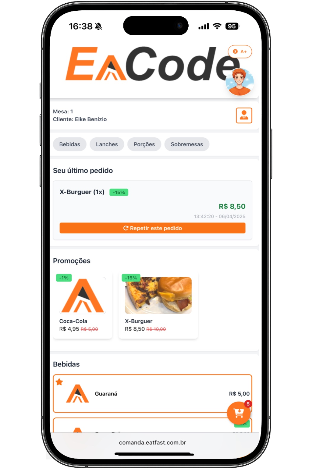 Tela do aplicativo EaCode Comandas no celular